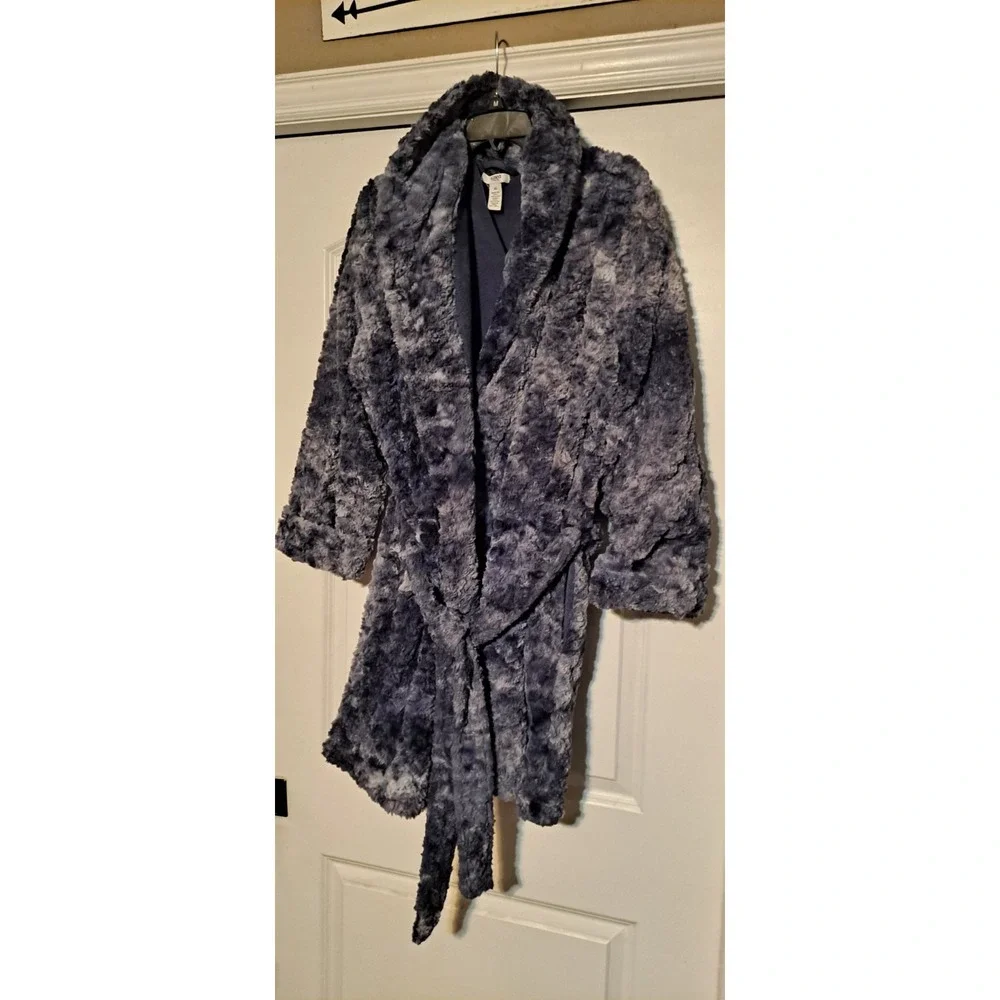 Alfani Intimates Womens XL Faux‎ Fuzzy Fur plush lounge Robe-Gray/Navy